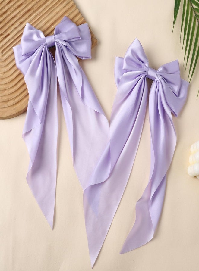 LuSeren 2PCS Big Hair Bow Clips for Women Girls – Purple Satin Ribbon Bow Barrettes with Long Tails, Large Hair Accessories for Ponytail, Party, Prom & Wedding - Image 4